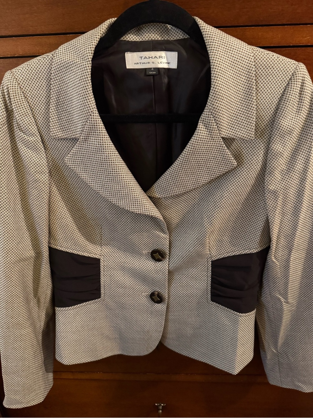 Tahari brown and beige suit with decorative buttons and ruching at waist
